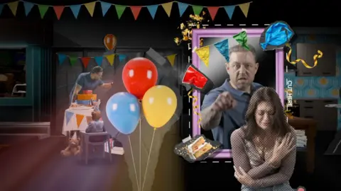 Essex Police A composite graphic taken from a video. There are balloons, bunting and other party paraphernalia on the image. A man who appears to be in his late 30s or early 40s is pictured in a pink frame. He is in a blue polo shirt pointing towards the camera. A brunette woman in a brown top is cowering, with her arms across her chest.