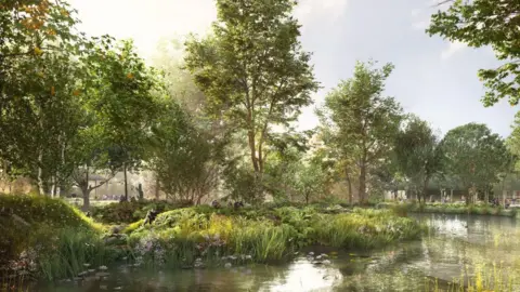 Blackpoint Design A CGI-generated image of a large green space with water and lots of plants, trees and rocks