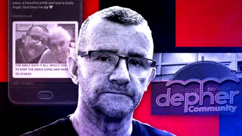 Composite image showing James Anderson with the logo of his non-profit plumbing firm Depher and one of his social media posts about vulnerable people