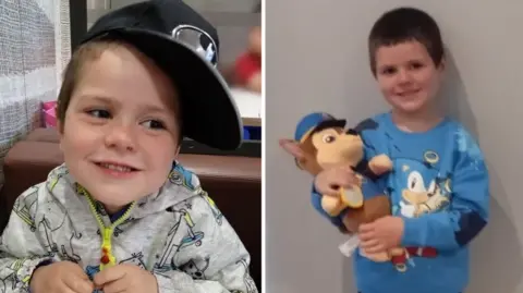 An Garda Síochána Composite image of Kyran Durnin photos. On the left Kyran is wearing a black baseball hat and grey patterned hoody with neon zip. On the right he is in a blue Sonic the Hedgehog jumper and he is holding a brown Paw Patrol stuffed toy dog in police uniform. 