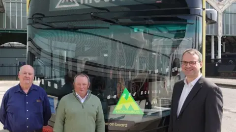 Hull City Council Left to right: Eden Blyth, Councillor Paul West and Councillor Mark Ieronimo standing in front of a bus at Hull Paragon bus station. Mr Blyth is wearing a blue shirt and is standing with his arms behind his back. Mr West is wearing a light green quarter zip with a white shirt underneath. He has very short dark-coloured hair. Mr Ieronimo is wearing a black suit jacket with a white shirt and glasses. He has short brown hair. They are all looking at the camera and smiling.