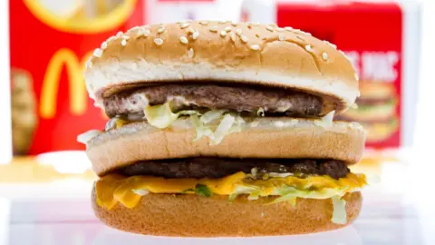 A large burger in a roll with two patties and cheese and lettuce