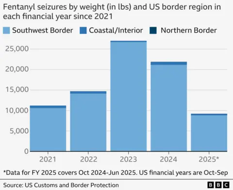 A graph showing the amount of fentanyl seized (in lbs) at each US border region in the financial years (October-September) from 2021 to 2025. It shows the vast majority of seizures occur at the US-Mexico border. 