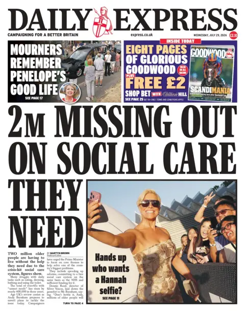 "2m missing out on social care they need," reads the headline on the front page of the Daily Express. 