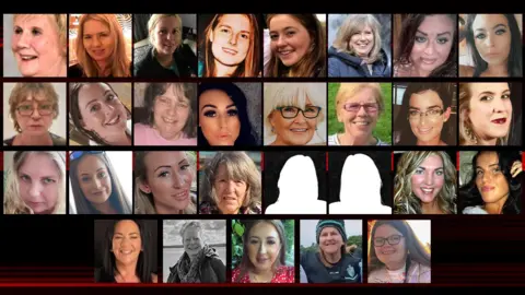 A collage of pictures of 27 of the 29 women who have died violently in Northern Ireland since 2020, with two silhouettes representing the other two women