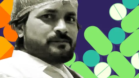 Vinod Sharma, wearing a hair net, on the left of the picture. The right-hand side of the image shows a graphic illustration of pills in green and white. 