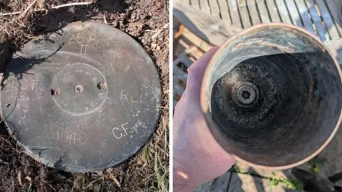PA Media Two views of a metal 1940s bombshell. One shows the end of the device with engravings on it, including the date of the bomb. The other shows the inside, a cylinder with a base, which will now be used as beer cooler.