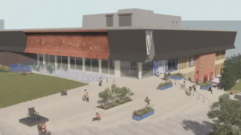 An artist's impression showing the proposed revamp of the Potteries Museum and Art Gallery. The modern building with a mainly glass and grey frontage has a brick mural along the top of one side, illustrating the area's industrial heritage.