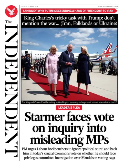 The headline on the front page of the Independent reads: "Starmer faces vote on inquiry into misleading MPs."