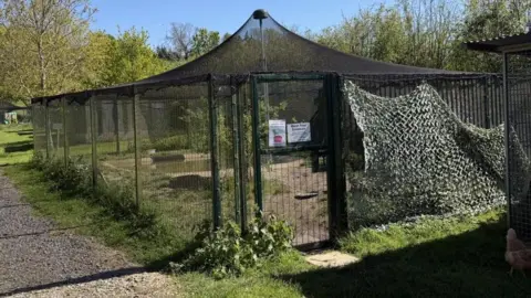 Cuan Wildlife Rescue A black cage with a pool inside for animals and some camouflage netting