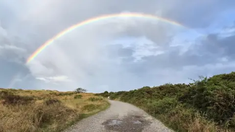 Millomite Maggie Another rainbow glimmers in the sky, this time across a trail through the countryside. It arches above a gravel path, with a grassy plain on one side and thick brush on the other.