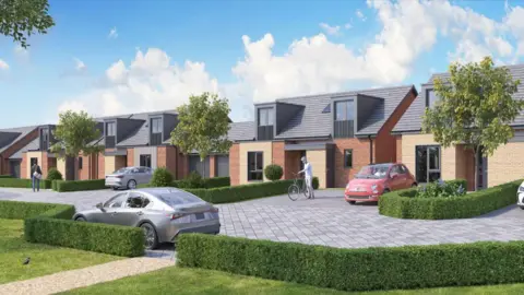  IDPartnership Northern A CGI image of how the new estate would look. It shows a row of brown-brick bungalows with grey roofs and high front windows. There are hedges and parked cars outside.