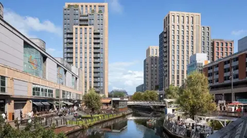Hammerson CGI image of the planned apartment blocks either side of the River Kennet.
