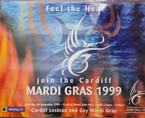 Sarah Hemsley-Cole Poster saying feel the heat join the Cardiff Mardi Gras 1999