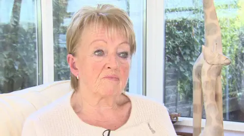 Doreen Soulsby being interviewed by Look North. She is sitting in a conservatory with a garden wall visible beyond the windows. She has short blond hair and green eyes. She is looking serious. Two wooden giraffe statues are by her left shoulder.