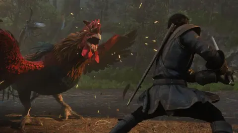 Xbox A screenshot from Fable shows the back of a player-character, dressed in a leather tunic with a scabbard slung over his back, drawing his sword as a giant, very agressive-looking rooster advances towards him. The menacing bird looks intent on attacking.