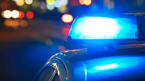 A close-up of a blue flasher light on top of a police car at night.
