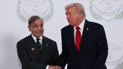 U.S. President Donald Trump and Pakistani Prime Minister Shehbaz Sharif shake hands as they pose for a photo, at a world leaders' summit on ending the Gaza war