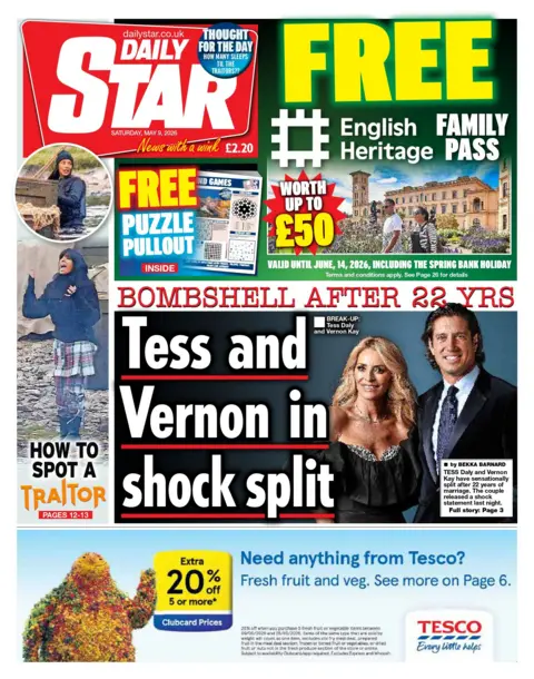 "Tess and Vernon in shock split," reads the headline on the front page of the Daily Star.