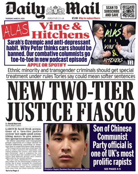 The headline on the front page of the Daily Mail reads: "New two-tier justice fiasco."