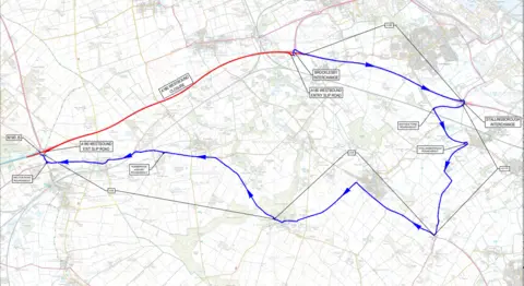 National Highways A National Highways map showing the diversion route while the westbound carriageway is closed overnight. A blue line illustrates the route motorists will need to take.