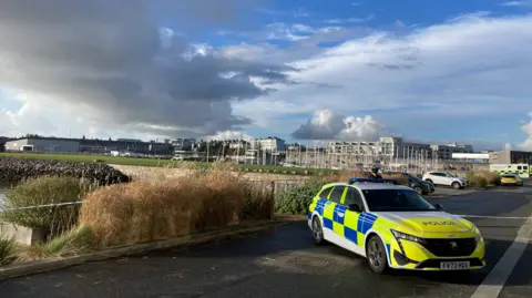 A police vehicle and cordon in place near a marine. Boat masts can be seen in the background as well as tall buildings. The sky is cloudy.