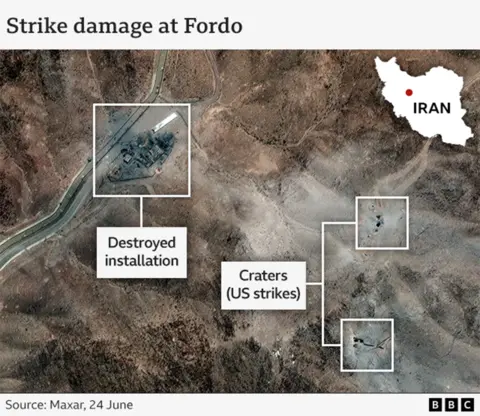 Maxar satellite image showing damage to Fordo nuclear facility showing craters and a destroyed building