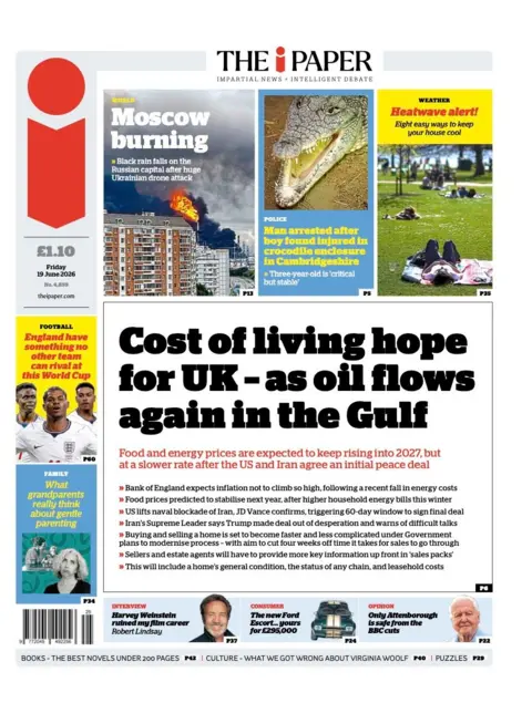 The headline on the front page of the i Paper reads: “Cost of living hope for UK - as oil flows again in the Gulf”.