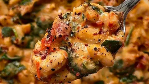 Creamy sun-dried tomato beans on a silver spoon.