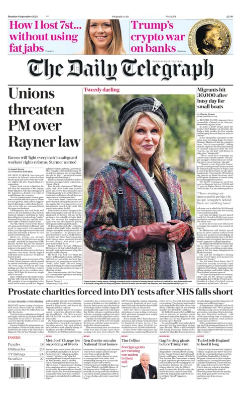 The headline on the front page of the Telegraph reads: "Unions threaten PM over Rayner law".