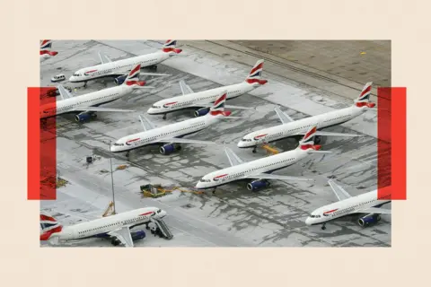 Getty Images Aerial view of a group of British Airways passenger jets parked in rows, with aircraft close together and service equipment positioned around them on the tarmac.