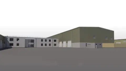 An artist impression of the new training facility, which includes a large hangar industrial style building to the right.