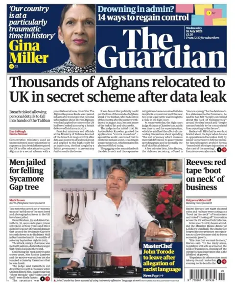 The headline on the front page of the Guardian reads: "Thousands of Afghans relocated to UK in secret scheme after data leak".