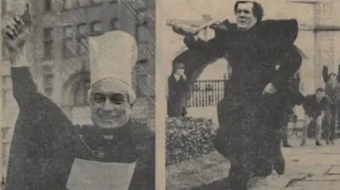 LIVERPOOL BID COMPANY Newspaper clipping from 1982 about that year's pancake race. A man from the clergy flips his pancake whilst another wears a chef's hat with the starting pistol.