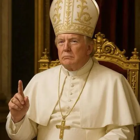 X/White House The image features Trump wearing a white cassock and pointed miter, traditionally worn by a bishop. He wears a large cross around his neck, and has his finger held up, with a solemn facial expression.