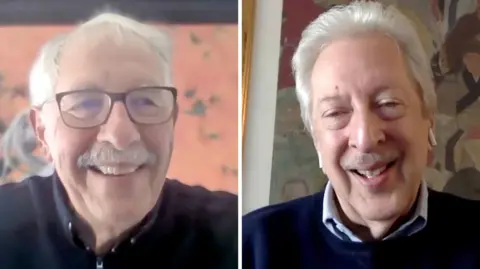 Danny Fullbrook/BBC A composite image showing what the two men, both with moustaches and glasses, look like today.