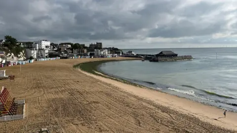 A sandy beach on a cloudy day with water and buildings around the bay.