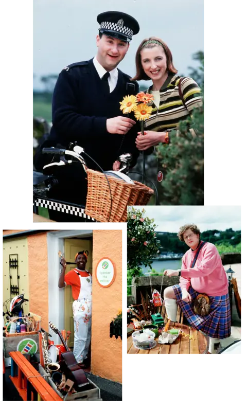 A selection of images from the original Balamory series. ndrew Agnew as PC Plum and Julie Wilson Nimmo as Miss Hoolie the nursery teacher. Rodd Christensen as Spencer the Painter and Miles Jupp as Archie the inventor.