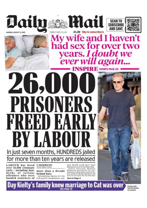 The headline on the front page of the Daily Mail reads: "26,000 prisoners freed early by Labour".