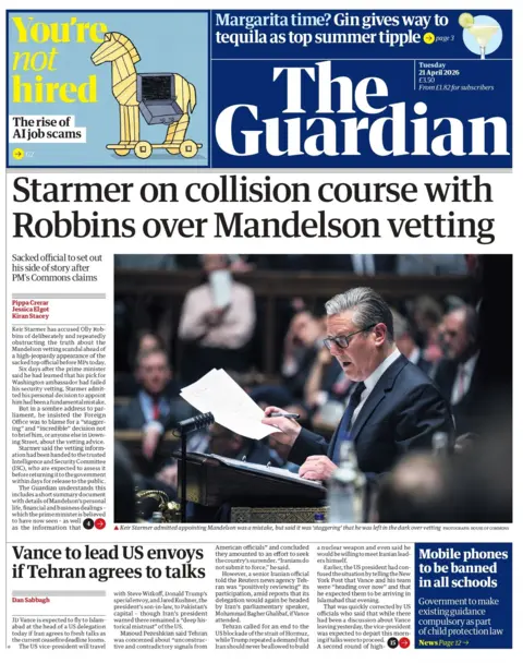 BBC "Starmer on collision course with Robbins over Mandelson vetting" reads the headline on the front page of the Guardian.