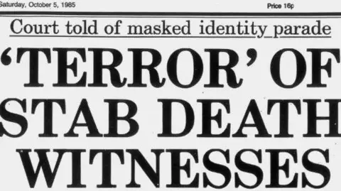 British Newspaper Archive A black and white newspaper headline reading 'Terror of stab death witnesses' in block capitals, with a sub-headline reading 'Court told of masked identity parade'