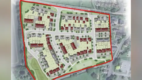 Pegasus Group A CGI aerial map showing the planned housing estate. A red line marks out a square-shaped estate with various houses, with green space all around it. 