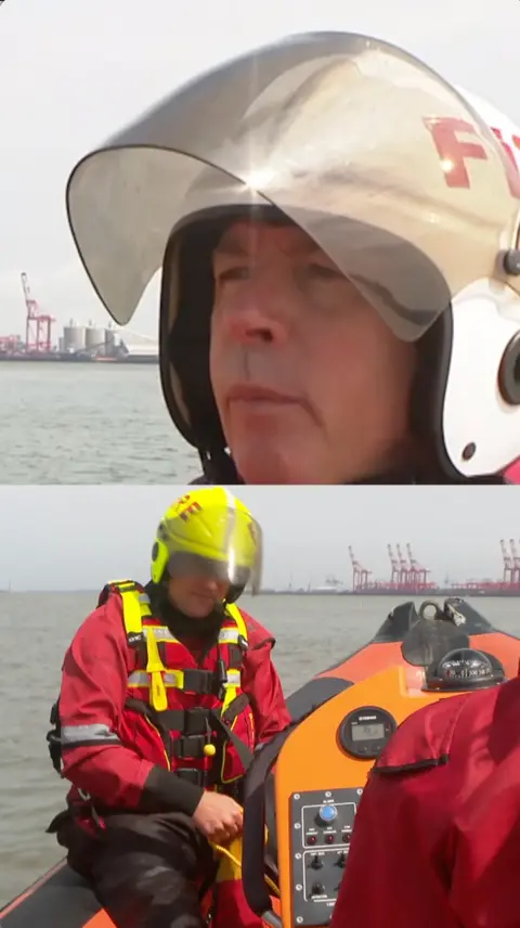 A split screen image of a water rescue demonstration