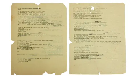 PA Media The typewritten draft lyrics of Mr Tambourine Man on faded paper with Bob Dylan's handwritten notes on them