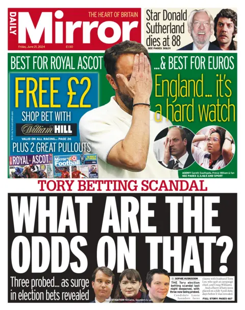 The headline on the front page of the Daily Mirror reads: “Tory betting scandal: What are the odds on that?"