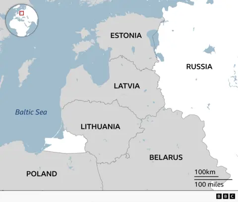 A map of the Baltic region in Northern Europe, showing three neighbouring countries: Estonia (north) Latvia (centre) Lithuania (south) Surrounding areas: Russia lies to the east Belarus is to the southeast Poland is to the southwest The countries border the Baltic Sea to the west The inset map (top left) shows where this region sits within Europe.