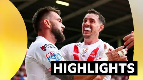 St Helens' Kyle Feldt celebrates his hat-trick against Salford