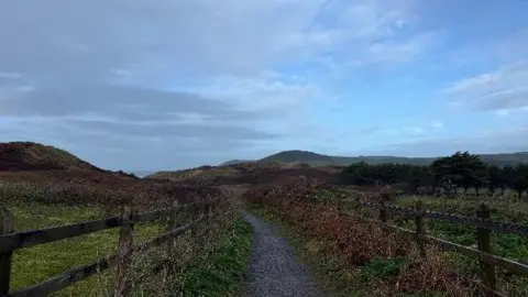 Poppy Thin clouds over fields in Croyde. A wooden fence is either side of a path running along the fields.