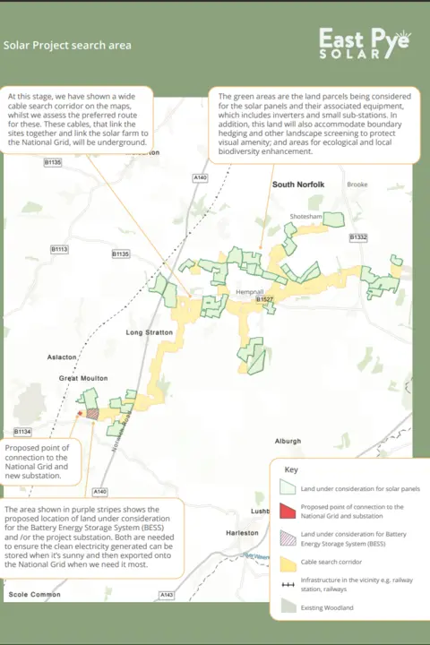 East Pye Solar Map of potential solar planning site in Long Stratton. Highlighted is the proposed point of connection with the National Grid and substation, land for a battery energy storage system, cable search corridor as well as infrastructure nearby, such as railway lines. Areas of woodland also shown on the map. 