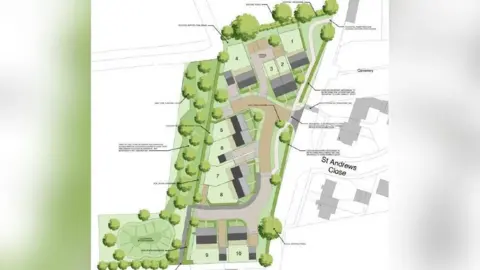 A digital plan of the 10 new homes showing a road shaped like a capital J with homes surrounding it. There are dozens of trees dotted around the estate with a large green space in the bottom left corner.